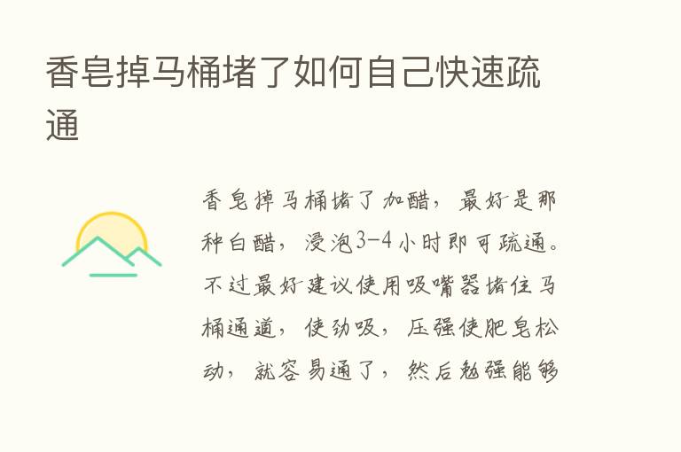 香皂掉马桶堵了如何自己快速疏通