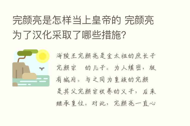 完颜亮是怎样当上皇帝的 完颜亮为了汉化采取了哪些措施？