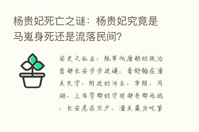 杨贵妃死亡之谜：杨贵妃究竟是马嵬身死还是流落民间？