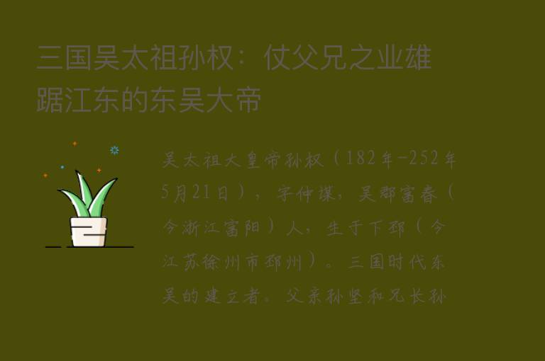 三国吴太祖孙权：仗父兄之业雄踞江东的东吴大帝