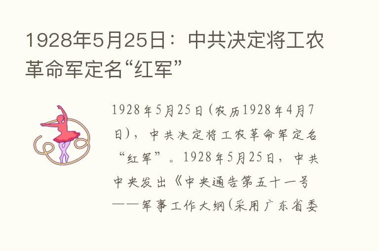 1928年5月25日：中共决定将工农革命军定名“红军”