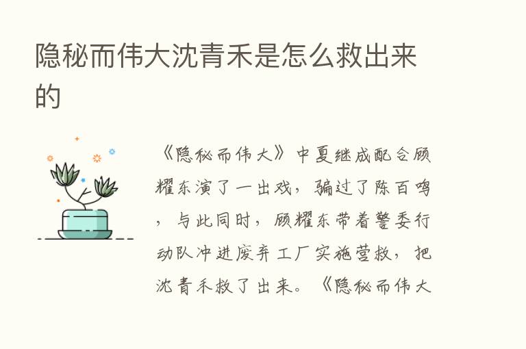 隐秘而伟大沈青禾是怎么救出来的